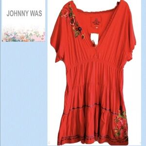 Johnny Was Red Dress Plus 3X Beautiful Embroidery Sexy Midi Dress EUC